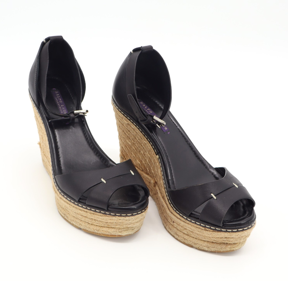 Ralph Lauren Collection Peep Toe Espadrille Wedge Sandals Black Leather Size 9.5